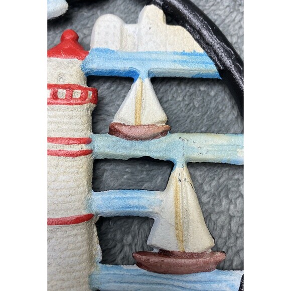 Vintage Lighthouse Sailboat Cast Iron Round Trivet Pot Holder Set - Picture 9 of 13